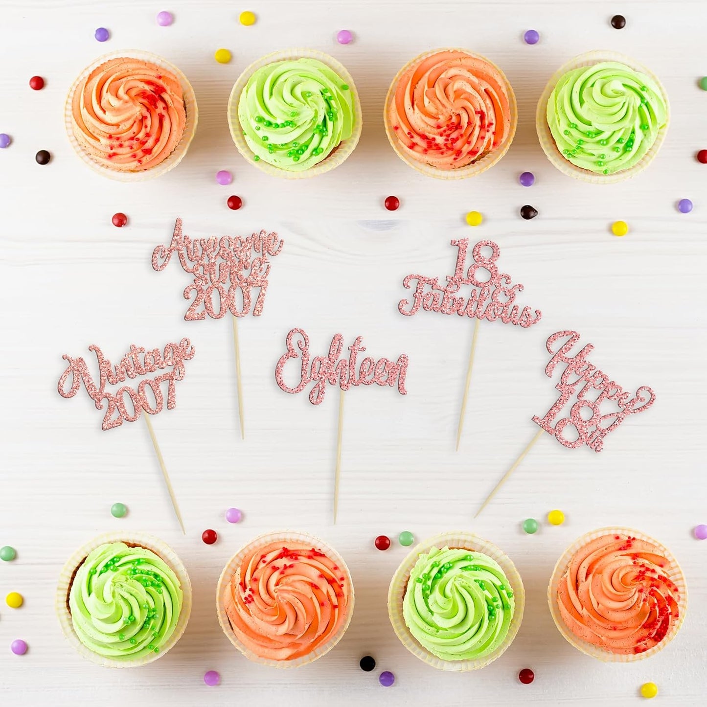 30Pcs Vintage 2007 Cupcake Toppers Glitter Eighteen 18 Fabulous Happy 18th Birthday Cupcake Picks Cheers to 18 Years for 18th Birthday Anniversary Party Cake Decorations Supplies Rose Gold