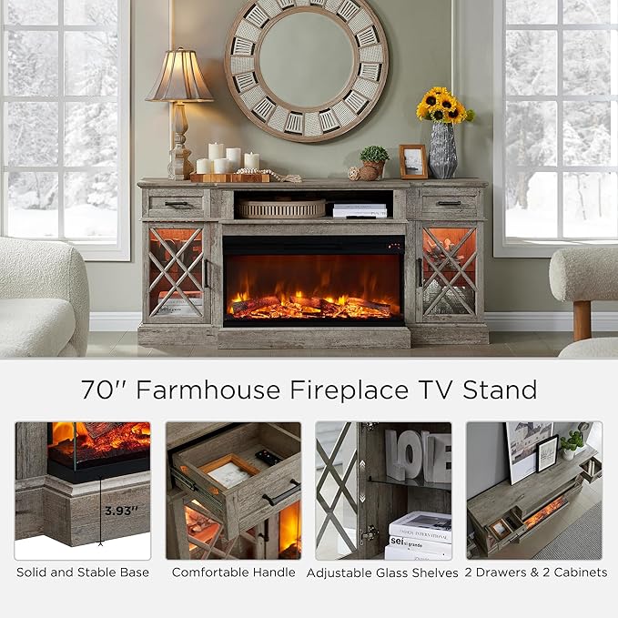 OKD 3-Sided Glass Farmhouse Fireplace TV Stand - Image 5