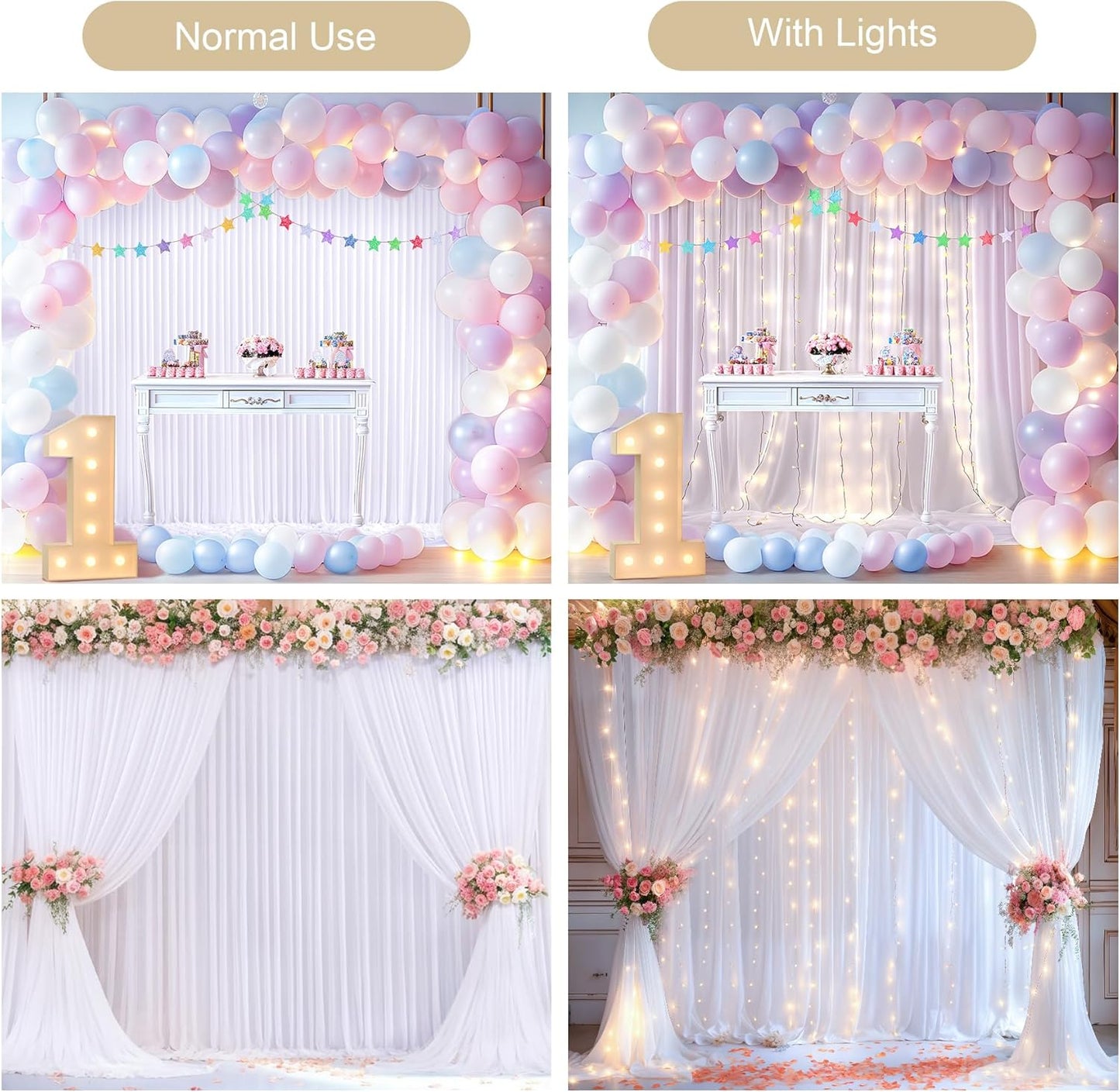 White Backdrop Curtains with Lights for Parties,10x10FT Wrinkle Free White Drapes Wedding Photo Backdrop Curtains for Baby Shower Birthday Ceremony Reception Home Party Decorations-5ft x 10ft,2 Panels