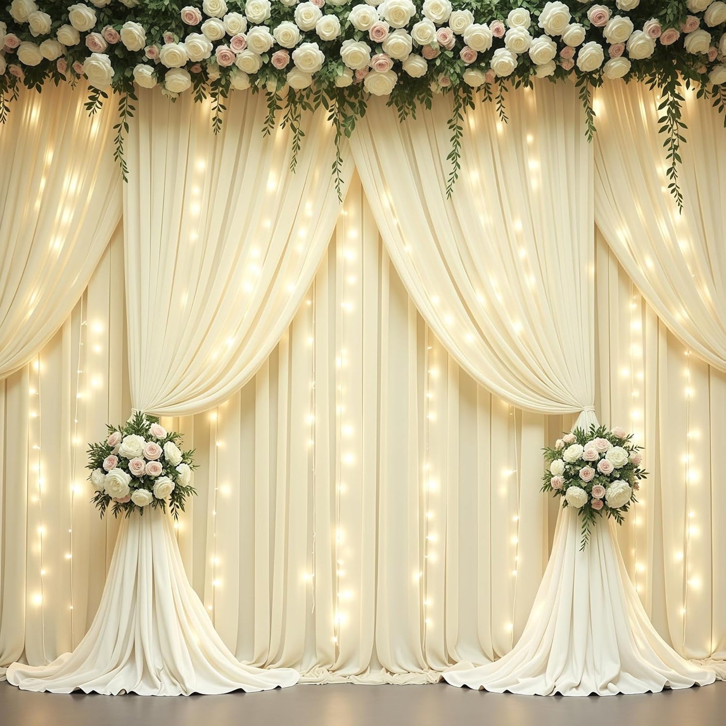 Beige Backdrop Curtains with Lights String for Parties,10x10FT Wrinkle Free Polyester Wedding Photo Backdrop Curtains for Baby Shower Birthday Ceremony Reception Home Party Decorations
