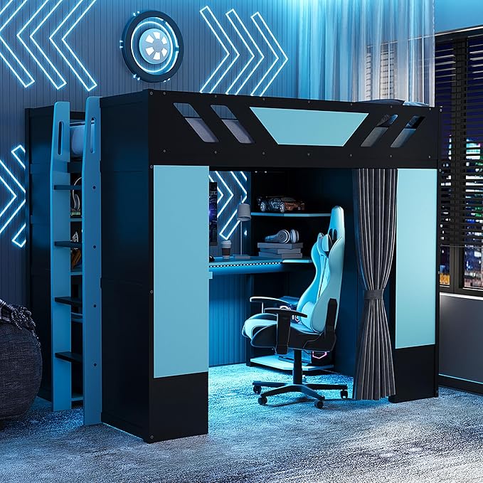 Full Size Wood Loft Bed with Built-in Workstation, Smart Storage, RGB Lighting by Bekeknlny