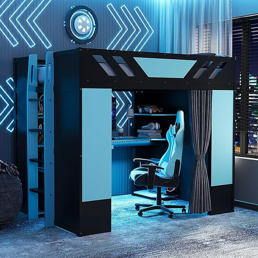 Full Size Wood Loft Bed with Built-in Workstation, Smart Storage, RGB Lighting by Bekeknlny