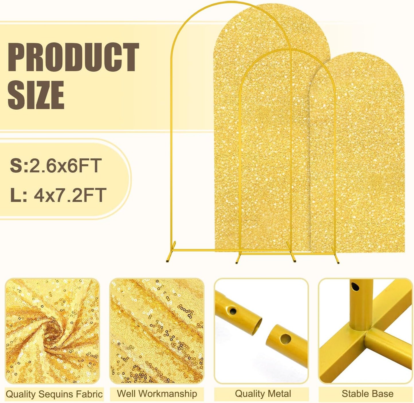 MODFUNS Arch Backdrop Stand and Cover Set 6&7.2ft Gold Sequins Arch Cover Metal Arch Backdrop Stand Set of 2 Wedding Arch Frame with Covers for Reception Birthday Party Decorations