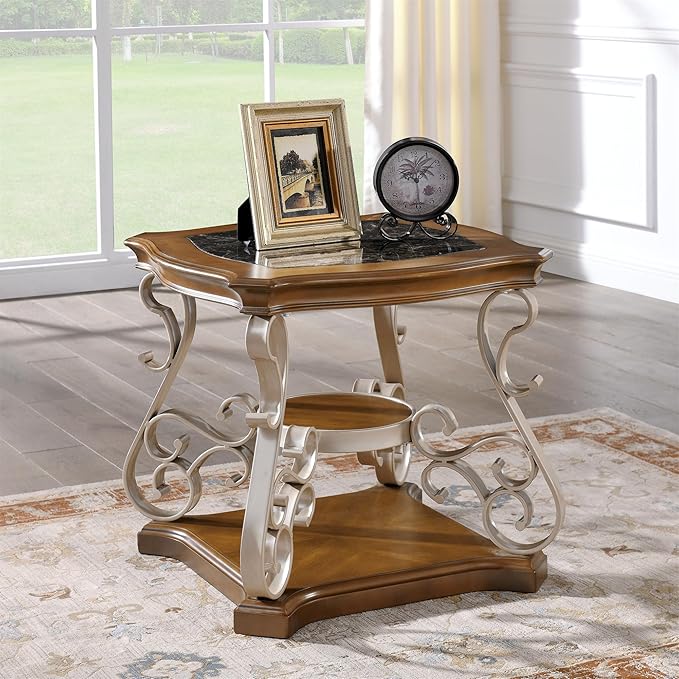 26.2'' 2-Tier Square End Table Marble Paper Top Coffee Table by HMFULE