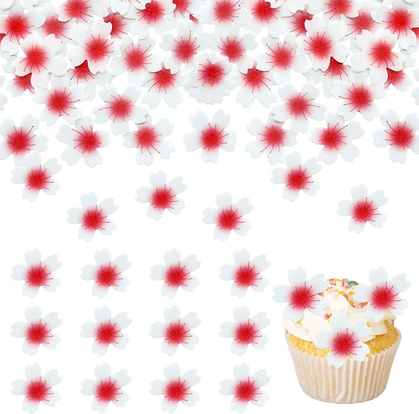 Ephlyn 100Pcs Edible Cherry Blossom Cupcake Toppers Edible Wafer Paper Flowers for Spring Bridal Engagement Baby Shower Birthday Party Cupcake Picks Anniversary Party Decorations Supplies