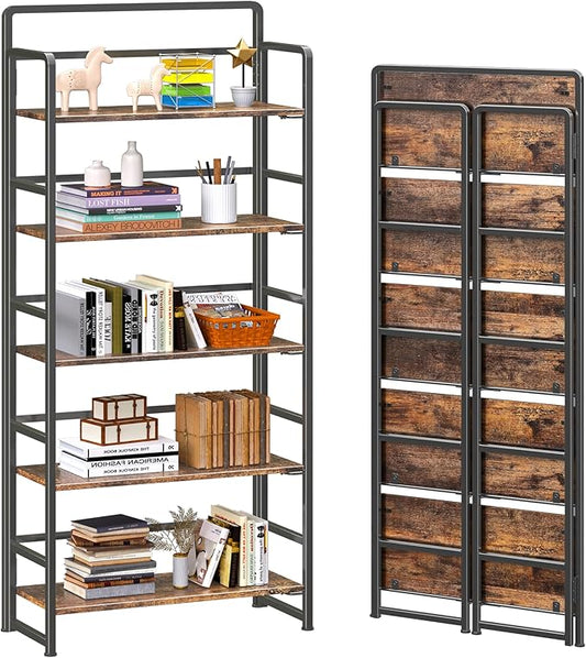 4NM No Assembly 5 Tiers Folding Bookshelf Storage Shelves Vintage Bookcase by 4NM