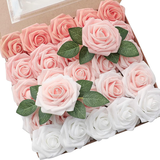 Floroom Artificial Flowers 25pcs Real Looking Blush Ombre Colors Foam Fake Roses with Stems for DIY Wedding Bouquets Bridal Shower Pink Centerpieces Floral Arrangements Party Tables Home Decorations