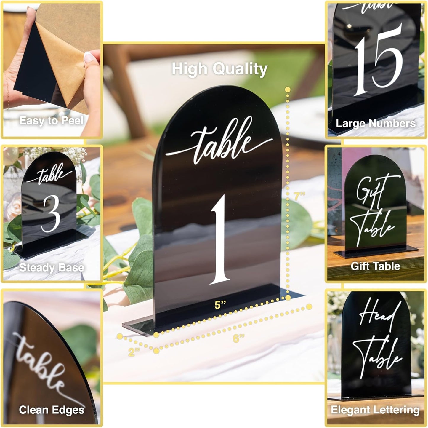 Black Arch Acrylic Table Numbers for Wedding Reception - 5" x 7" White Font Centerpiece Set with Holder Stands & Head Table Sign - Anniversary, Event, Party, Wedding Set 1-15