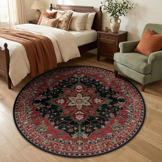 RELEANY Area Rugs Round 5ft Washable Non-Slip, Floral Vintage Distress Print by RELEANY