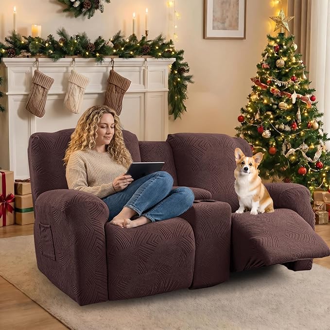 Recliner Loveseat Covers with Console, 6-Piece Stretch Geometric Strokes - Image 5