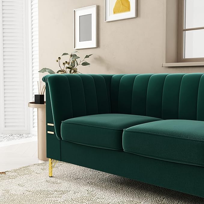 83.46" W Green Velvet Sofa Couch - Image 4