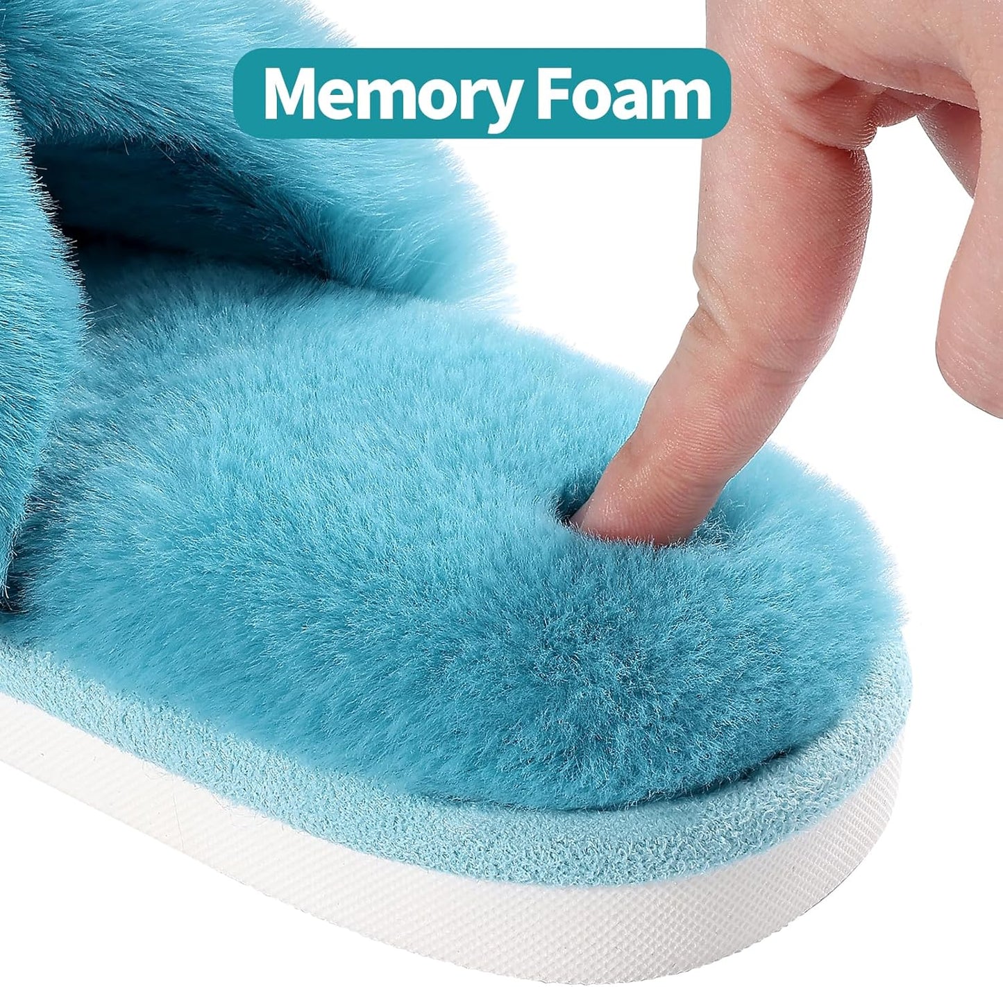 Evshine Women's Fuzzy Slippers Cross Band Memory Foam House Slippers Open Toe