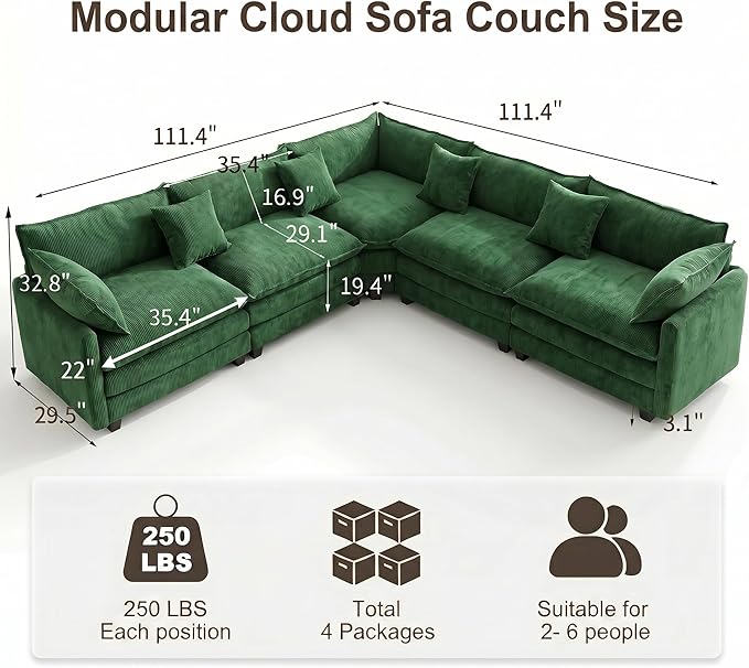 111.4" V-Shaped Corner Couch Sectional｜5 Seat Customizable Modular Cloud - Image 2