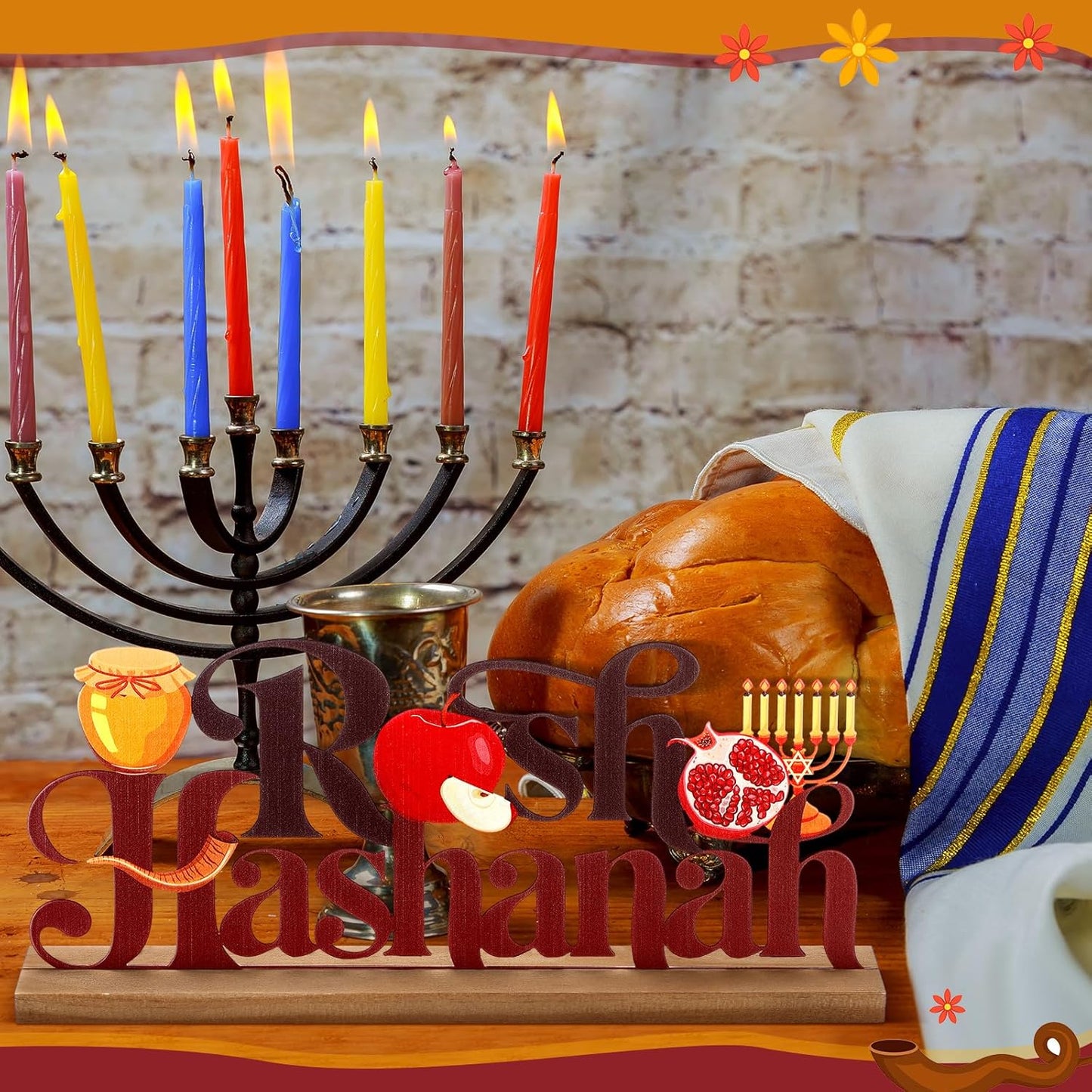 Rosh Hashanah Metal Sign Jewish New Year Table Centerpiece Tiered Tray Decor with Wooden Base Apple Pomegranate Decor for Home Tabletop Centerpiece Mantel Shelf Fireplace