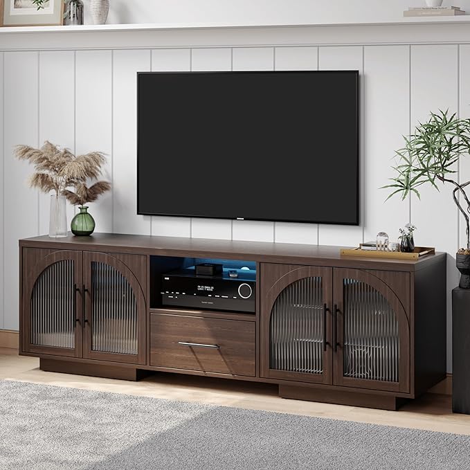 70" LED TV Stand with Storage for 75/80" TVs, Faux Marble Entertainment Center by SOLACEFURNITURE