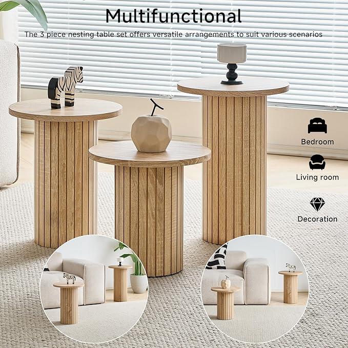 Round Nesting Coffee Table Set of 3 Mid Century Modern Wood Round Coffee Tables - Image 8
