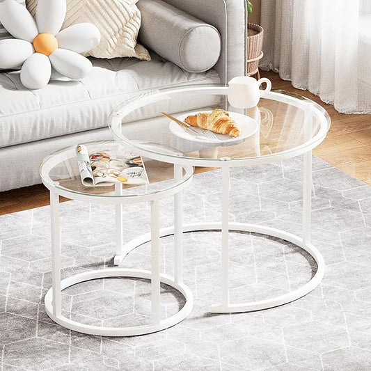 aboxoo White Nesting Glass Table Set of 2, Small Glass Round Nesting Tables by aboxoo