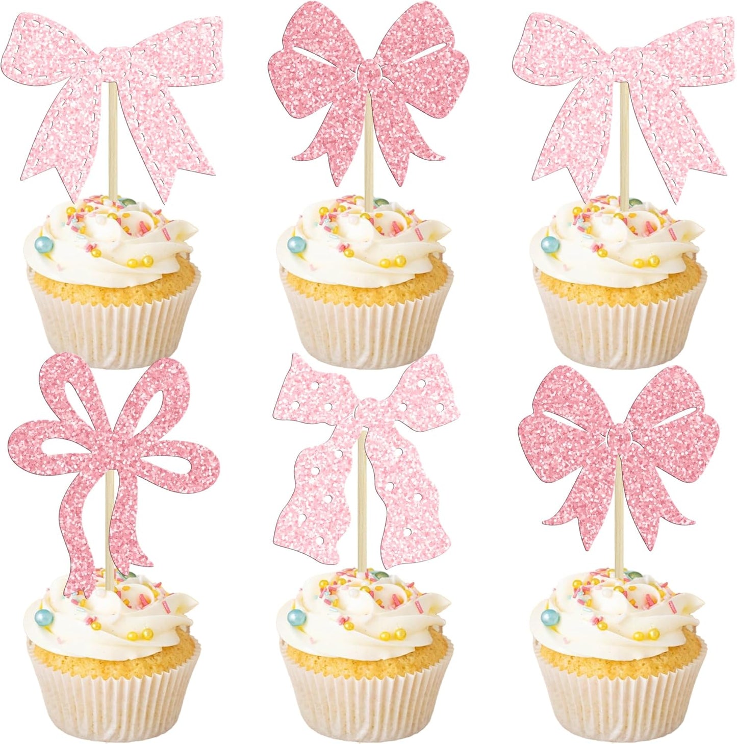 Ephlyn 24Pcs Pink Bow Cupcake Toppers Bow Birthday Cake Topper Girls Birthday Party Decorations Bowknot Cupcake Decorations for Bridal Baby Shower Birthday Wedding Themed Party Multi