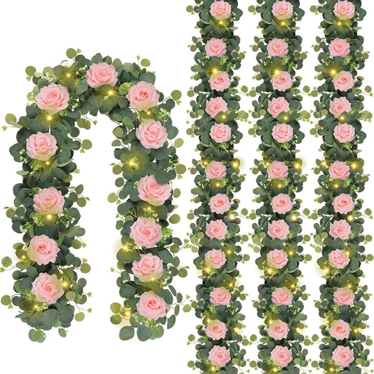 MACTING 4 Pack 26.4FT Eucalyptus Garland with Lights - Spring Gypsophila Flower Garlands with 48 Pink Roses Artificial Floral Greenery Vines for Arch Table Centerpieces Backdrop Party Wedding Decor