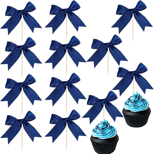 Ephlyn 24Pcs Bow Cupcake Toppers Bowknot Cake Toppers Bow Cupcake Picks Bowknot Birthday Party Decorations for Wedding Bridal Engagement Baby Shower Birthday Party Supplies Dark Blue