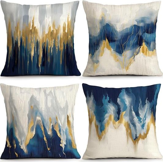 OBSEDE Blue and Gold Abstract Art Decorative Throw Pillow Covers 18 × 18 in by OBSEDE