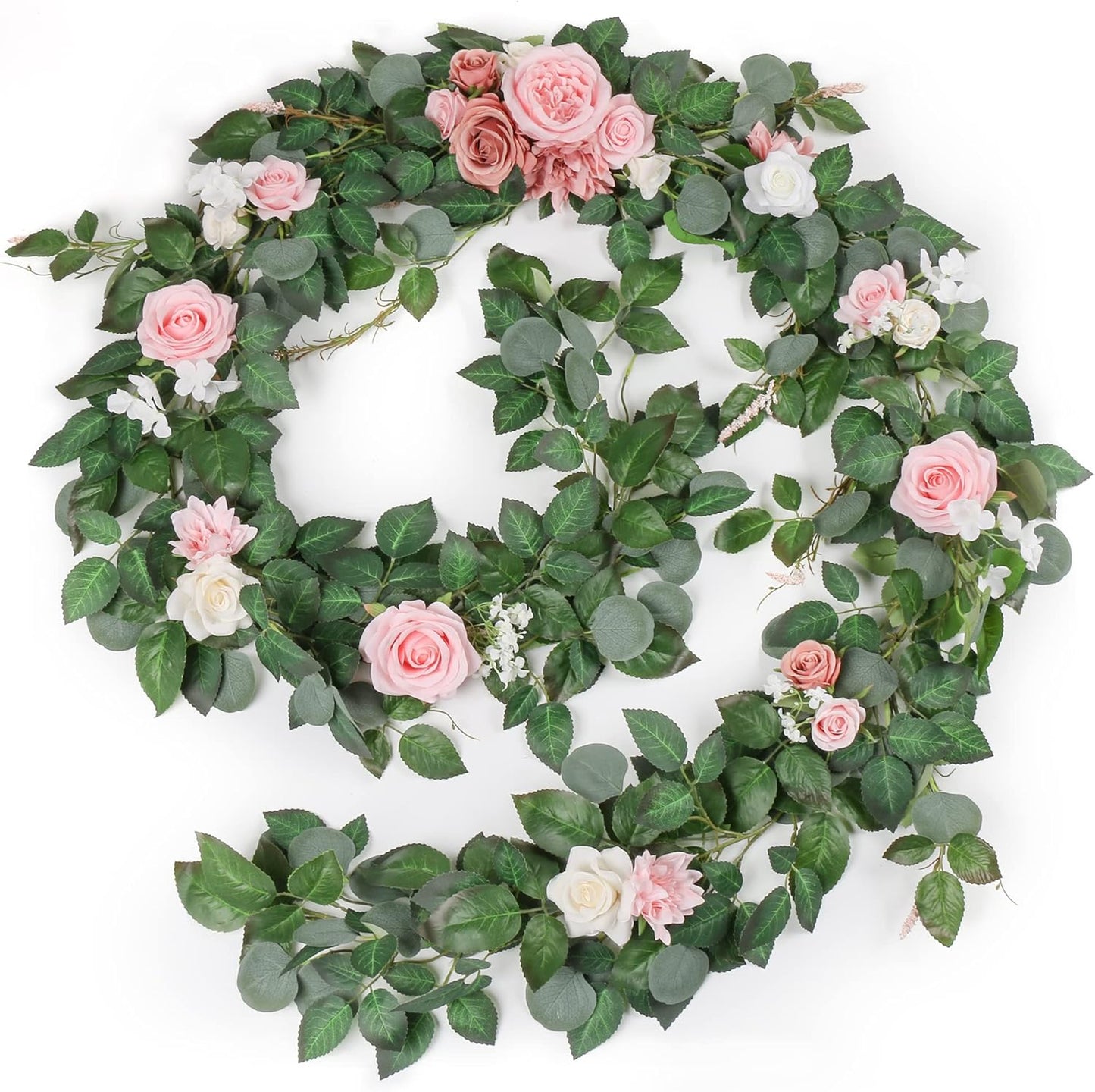 9FT Eucalyptus Garland with Flowers, Artificial Flowers Garland Table Runner Decor Arch Backdrop Head Table Decorations for Wedding Sweetheart Table Centerpieces（Blush Pink）