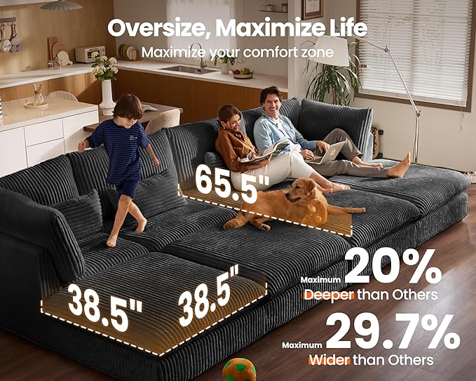 115" Oversized Corduroy Couch Modular Sectional Sofa, Washable Cloud Couch - Image 3