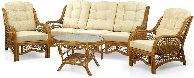 Malibu Lounge Set of 4: 2 Natural Rattan Wicker Chairs, Three-Seater Sofa - Image 2