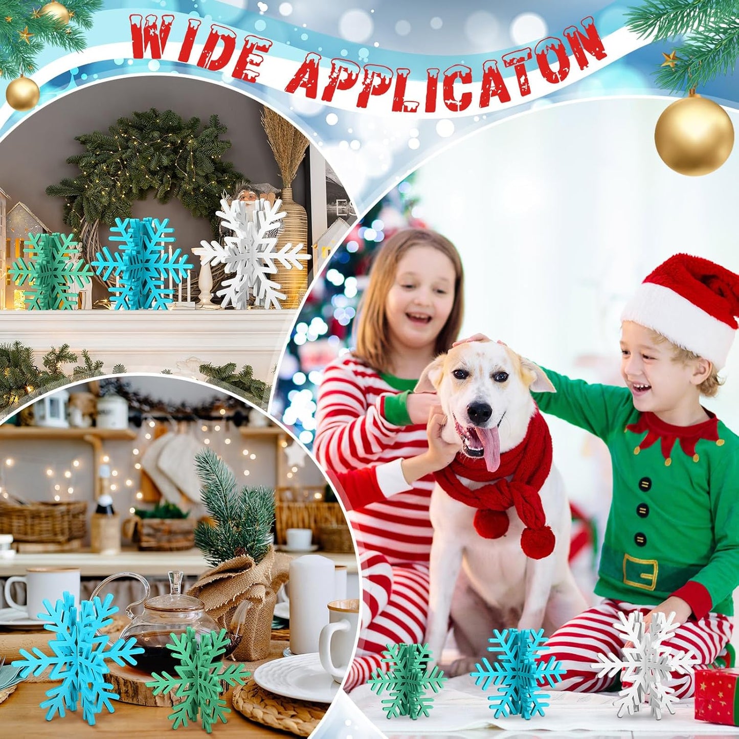 Bucherry 12 Pcs Wooden Snowflake Table Decor 3D Snowflake Tabletop Signs and Centerpiece for Christmas Xmas Winter Wonderland Decorations Home Party(White, Blue, Green)