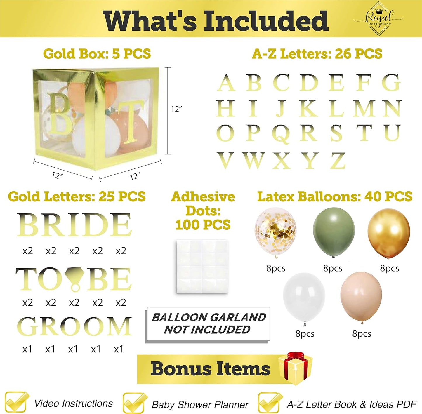 96 PC Bridal Shower Decorations Balloon Boxes Gold- Transparent Block with BRIDE TO BE + GROOM + A - Z Letters and 40 Balloons- Engagement Bachelorette Parties Weddings Centerpieces Photo Booth Props