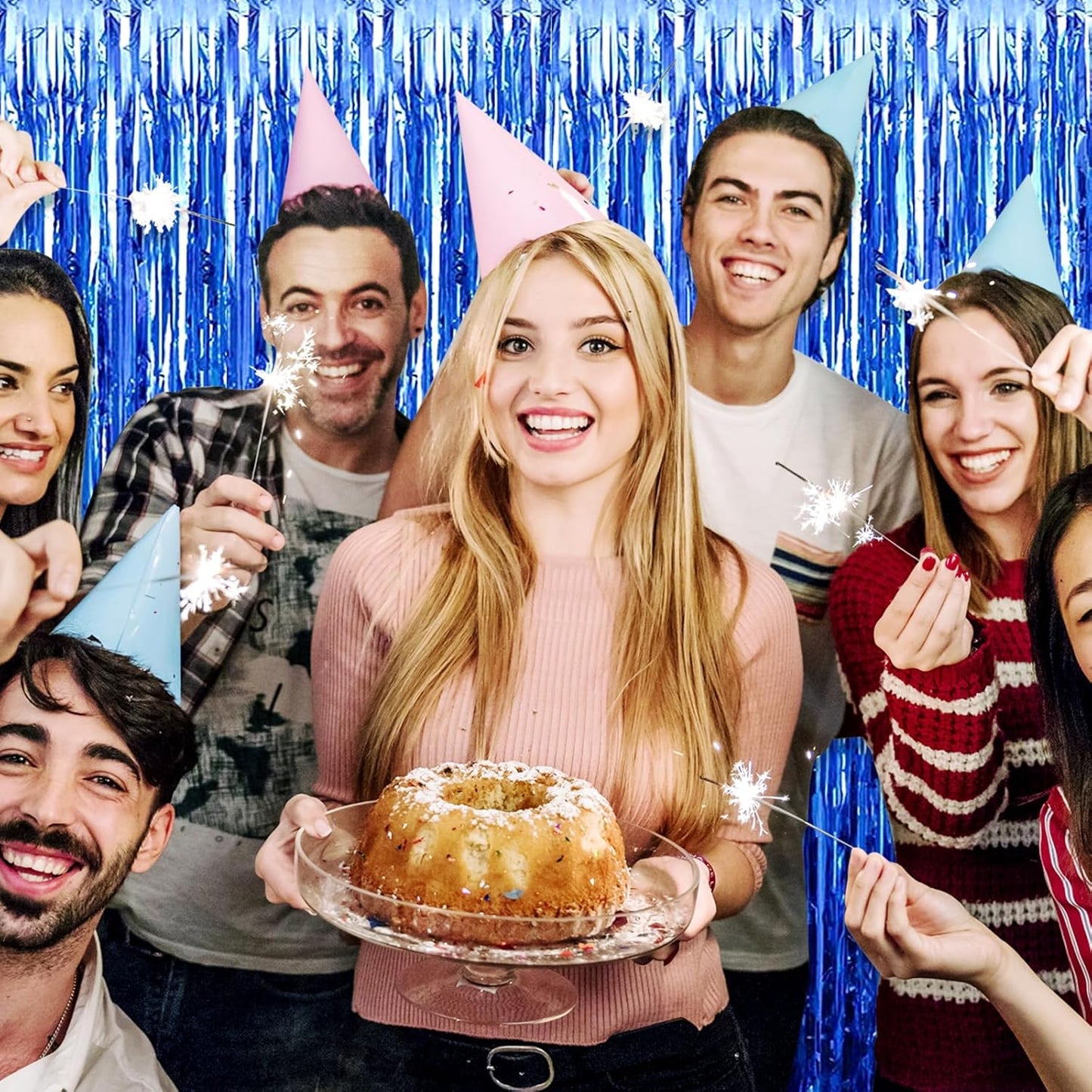 3 Pack Blue Foil Fringe Curtain Backdrop, 3.28Ft x 8.2Ft Metallic Tinsel Foil Fringe Streamer Curtains for Photo Booth, Christmas Day, Thanksgiving, Wedding, New Year Party Decorations