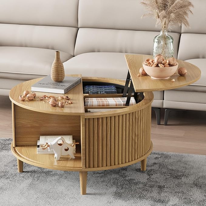 Round Coffee Table with Storage, Fluted Lift Top Coffee Table by FnelHomeFurniture
