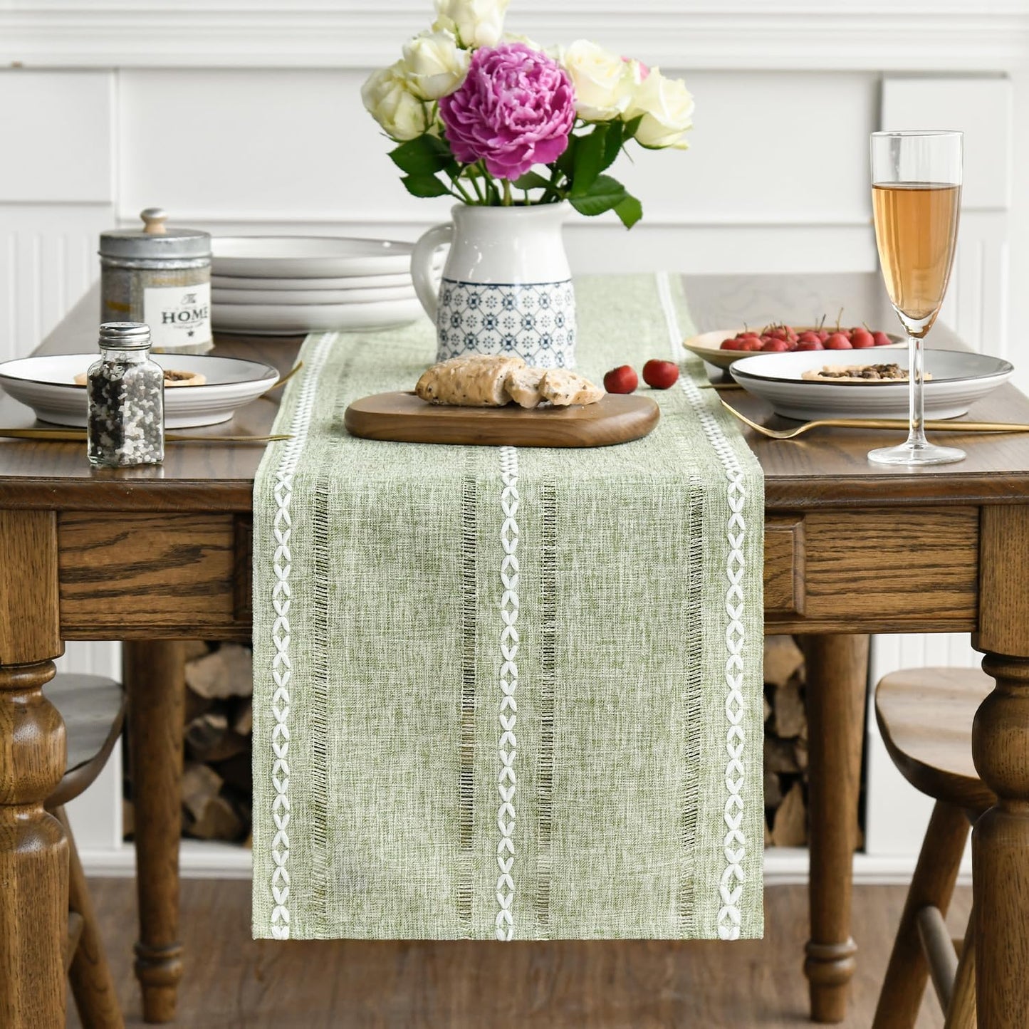 Artoid Mode Sage Green Rustic Cotton Linen Table Runner, Seasonal Embroidered Hollow Kitchen Dining Table Decoration for Home Party Decor 13x108 Inch