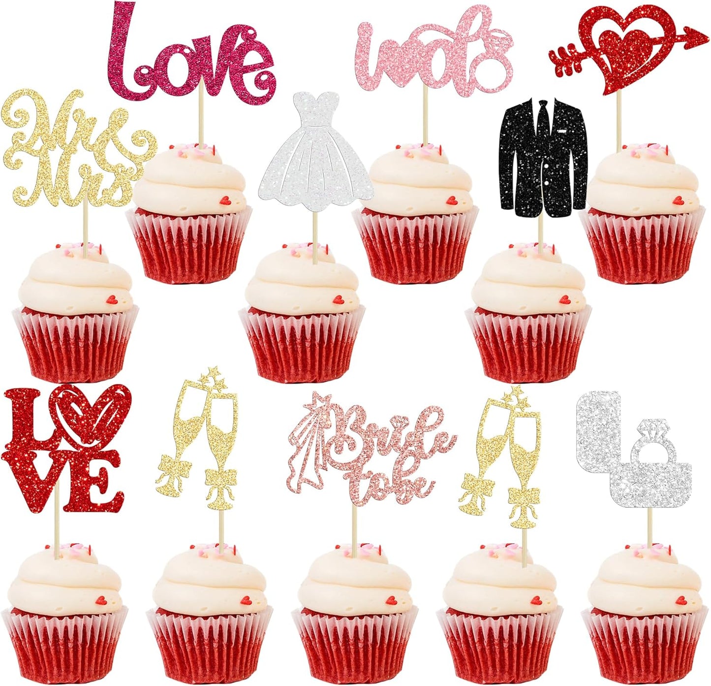 Ephlyn 30Pcs Bride to be Cupcake Toppers Glitter Wedding Cake Topper Decorations I Do Love Heart Ring Cupcake Picks for Bridal Shower Wedding Engagement Party Supplies Multicolor