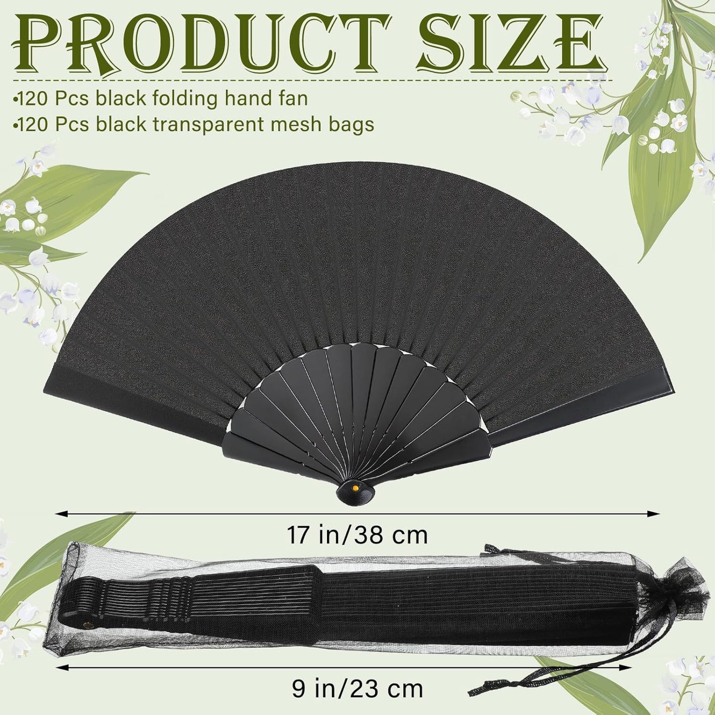 Wenqik 120 Pcs Wedding Folding Hand Fans Bulk Silk Fabric Chinese Handheld Foldable Clack Fans with Plastic Ribs for Party, Wedding Gifts, Line Dancing, Home Decorative (Black)