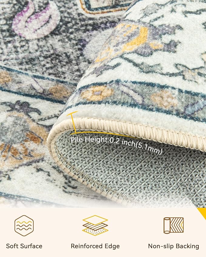 RELEANY Area Rugs 6ft Washable Non-Slip, Floral Vintage Distress Print Pattern - Image 4