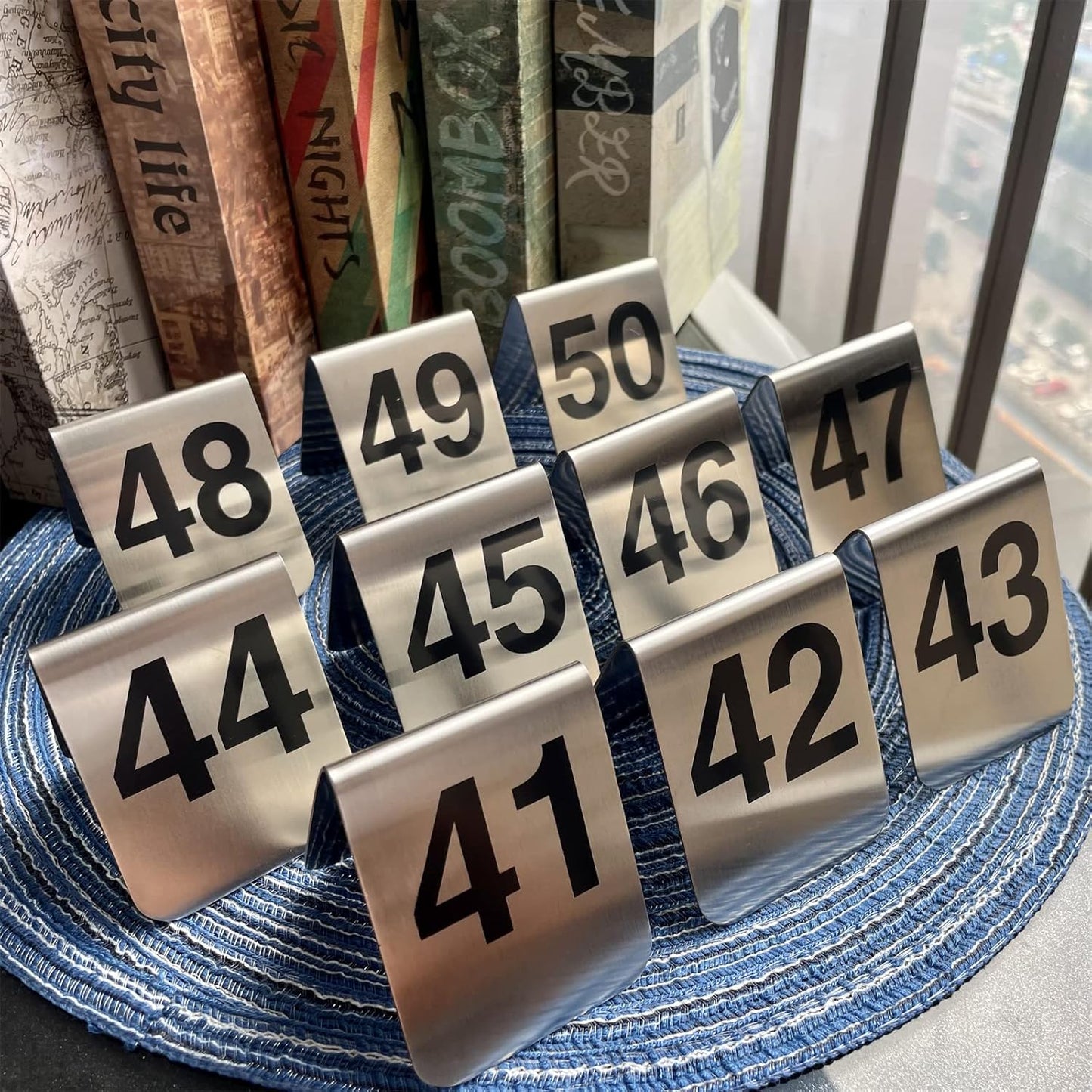10 Pcs Metal Place Cards Stackable Tent Style Table Numbers，Place Card Holders for Celebration Wedding Party Restaurants Cafes Bars Gatherings meeting Room Board Game Serial (Medium 41-50, Black)