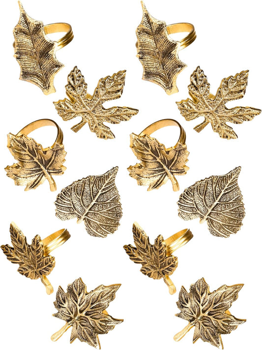 12-Piece Metal Napkin Rings - Antique Gold Harvest Leaf Napkin Rings - Decorative Table Accents for Holiday Party, Dinner, Family Gatherings, Table Décor Weddings & Everyday Use - ALPHA Living HOME