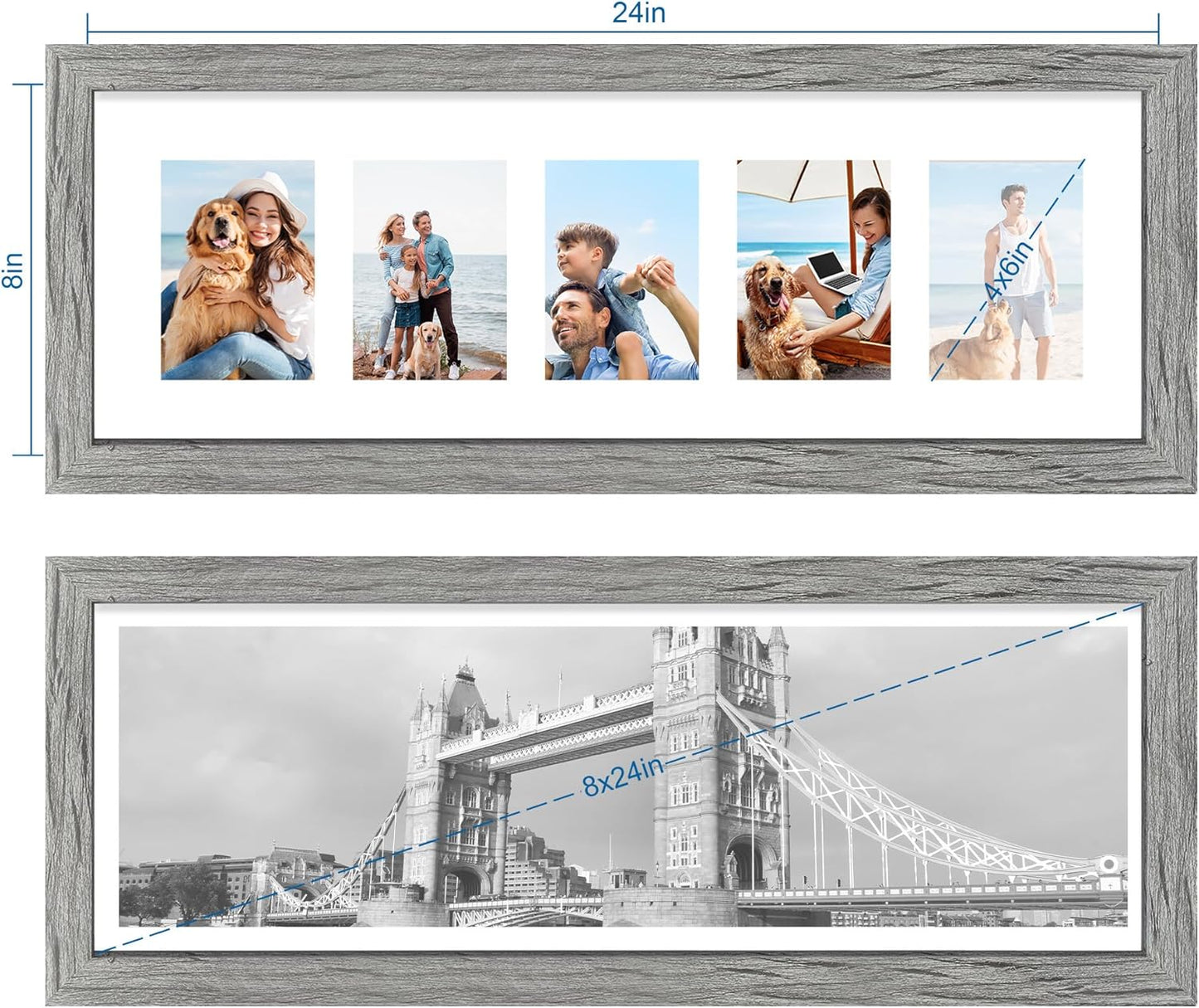 8x24 Picture Frame 2 Pack, Rustic Grey Wood Frame with Tempered Glass, Display Pictures Multiple Five 4x6 With Mat or 8 x 24 Without Mat - Horizontal or Vertical Wall Mounting