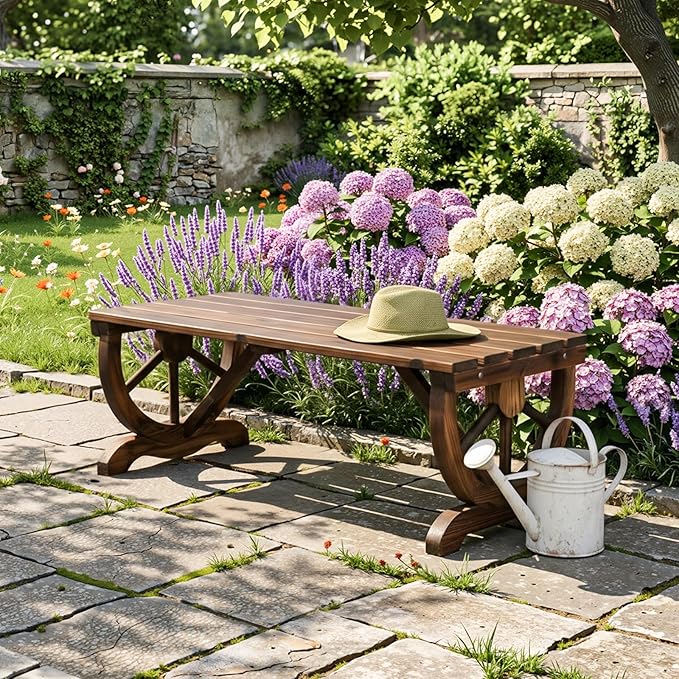 VINGLI Rustic Wooden Wheel Bench Outdoor Bench, Patio Bench Wagon Slatted Seat - Image 7