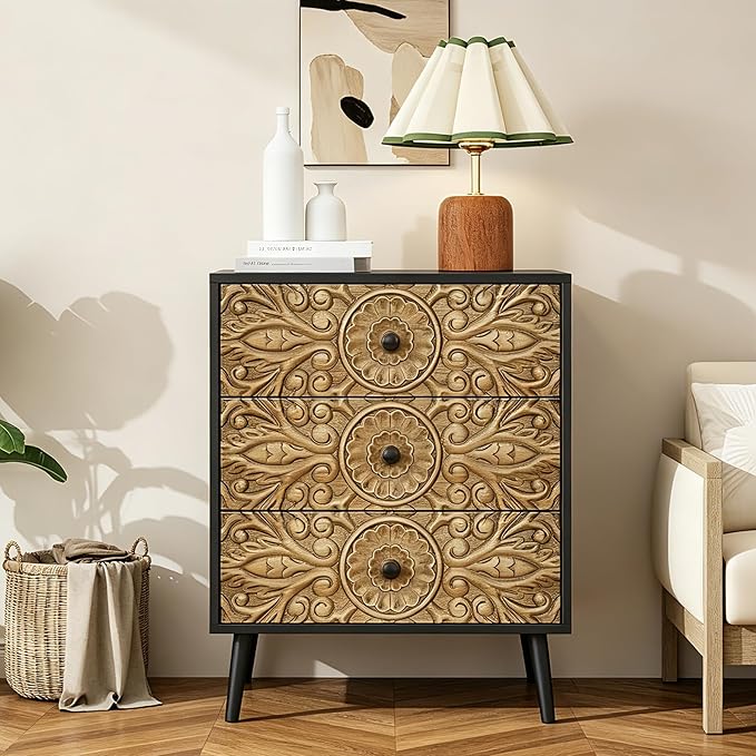 Carved Black Wood Nightstand, 3 Drawers Accent Cabinet, Vintage End Table - Image 8