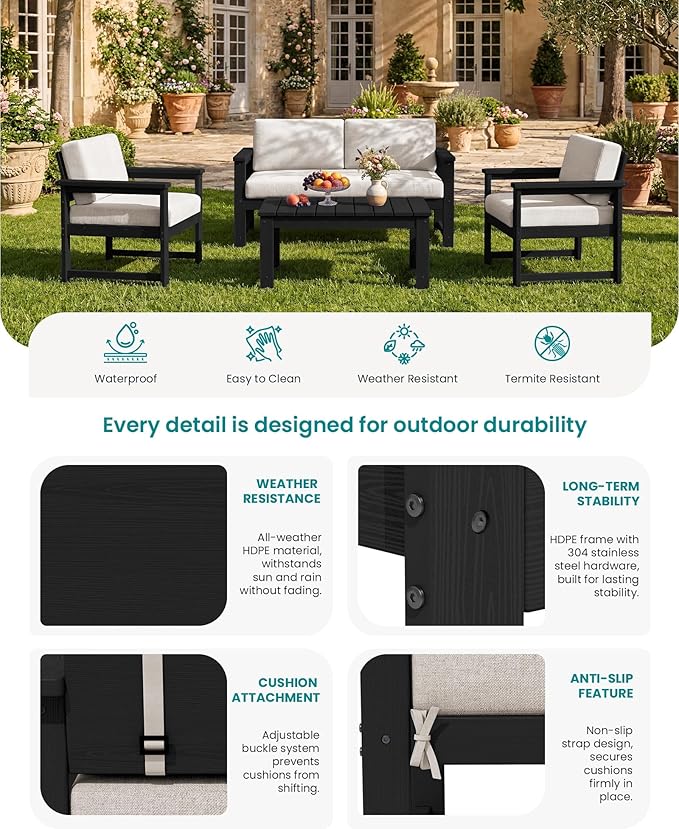 SERWALL 5 Pieces HDPE Outdoor Conversation Sofa Set - Image 4