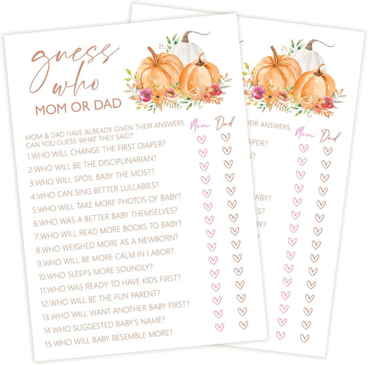 Baby Shower Games, Thanksgiving Guess Who Mom or Dad Game Cards, 25 Sets Baby Gender Reveal Party Decorations Supplies Favors - E01