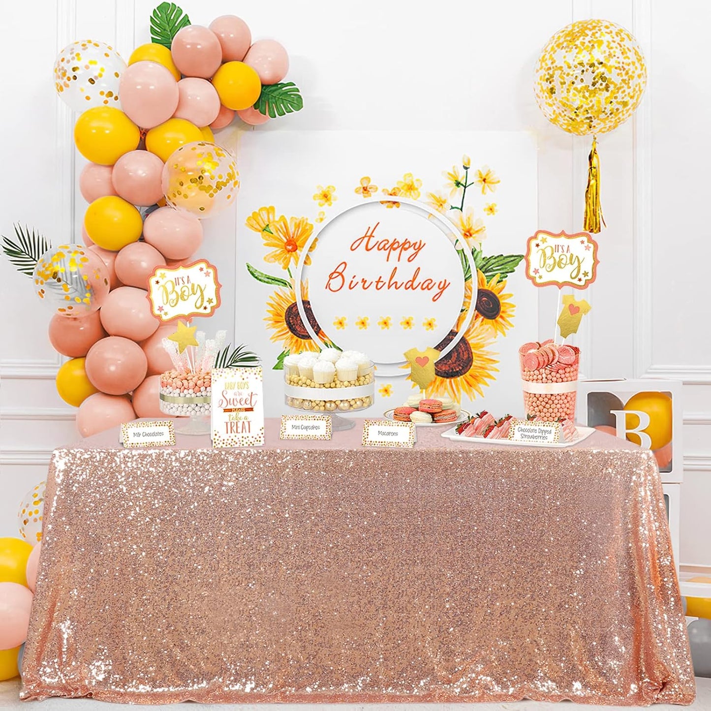 QueenDream Tablecloth 90x156 Rectangle Sequin Table Cloth Rose Gold Wedding Table Linens Glitter Birthday Bridal Party Indoor Outdoor Decorations