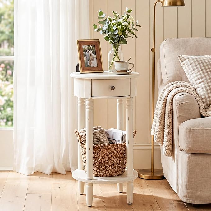 HOMPUS Round End Table with Drawer, Tall end Table with Open Shelf, Farmhouse - Image 3