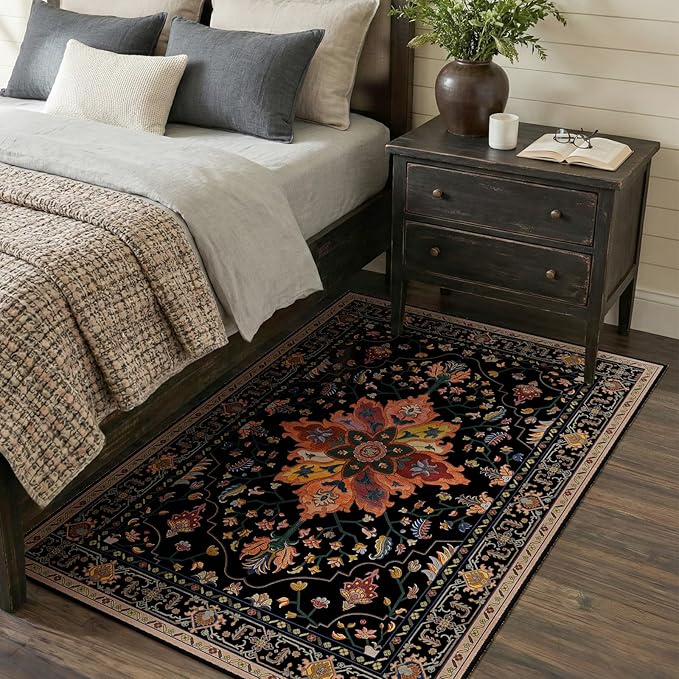 RELEANY Area Rugs 3'x5' Washable Non-Slip, Floral Vintage Distress Print by RELEANY