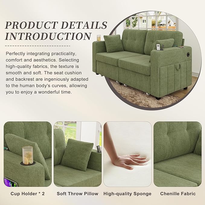 67" Small Loveseat Couch with Storage, USB Charging and Cup Holder, Space - Image 6
