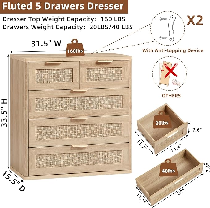 LEYAOYAO Rattan Dresser for Bedroom, 33.5" Tall Chest of Drawers, Modern 5 - Image 3