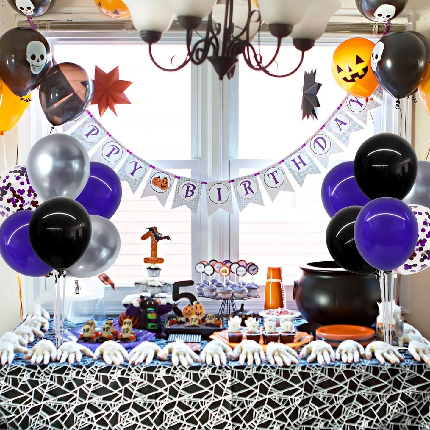 TONIFUL Halloween Balloons Black Silver Purple Confetti Balloons Stand Centerpiece Table Decorations for Birthday,Halloween Party Decoration Bar,Anniversary,Graduation Decoration 2025(4 Set)