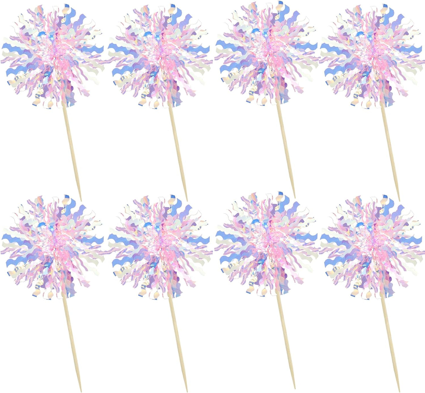 Ephlyn 30Pcs Foil Firework Cupcake Toppers Firework Cake Toppers Tinsel Flower Drink Stirrers Cocktail Food Fruit Toothpicks for Valentine's Day Party Decorations Pink